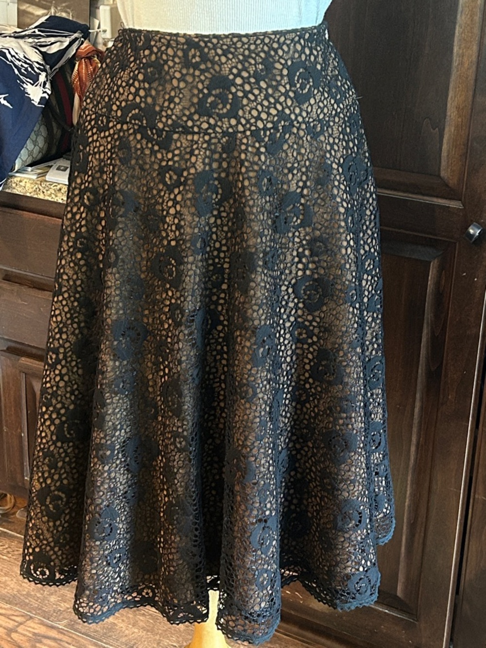 Vintage Ralph Lauren Inspired Black & Tan Lace Overlay A-Line Skirt Sz 6/8